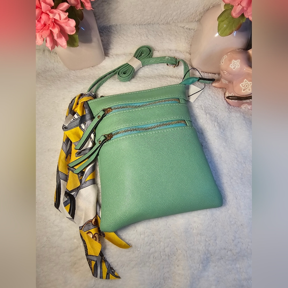 Stylish Mint Green Crossbody Bag with Yellow and Gray Scarf